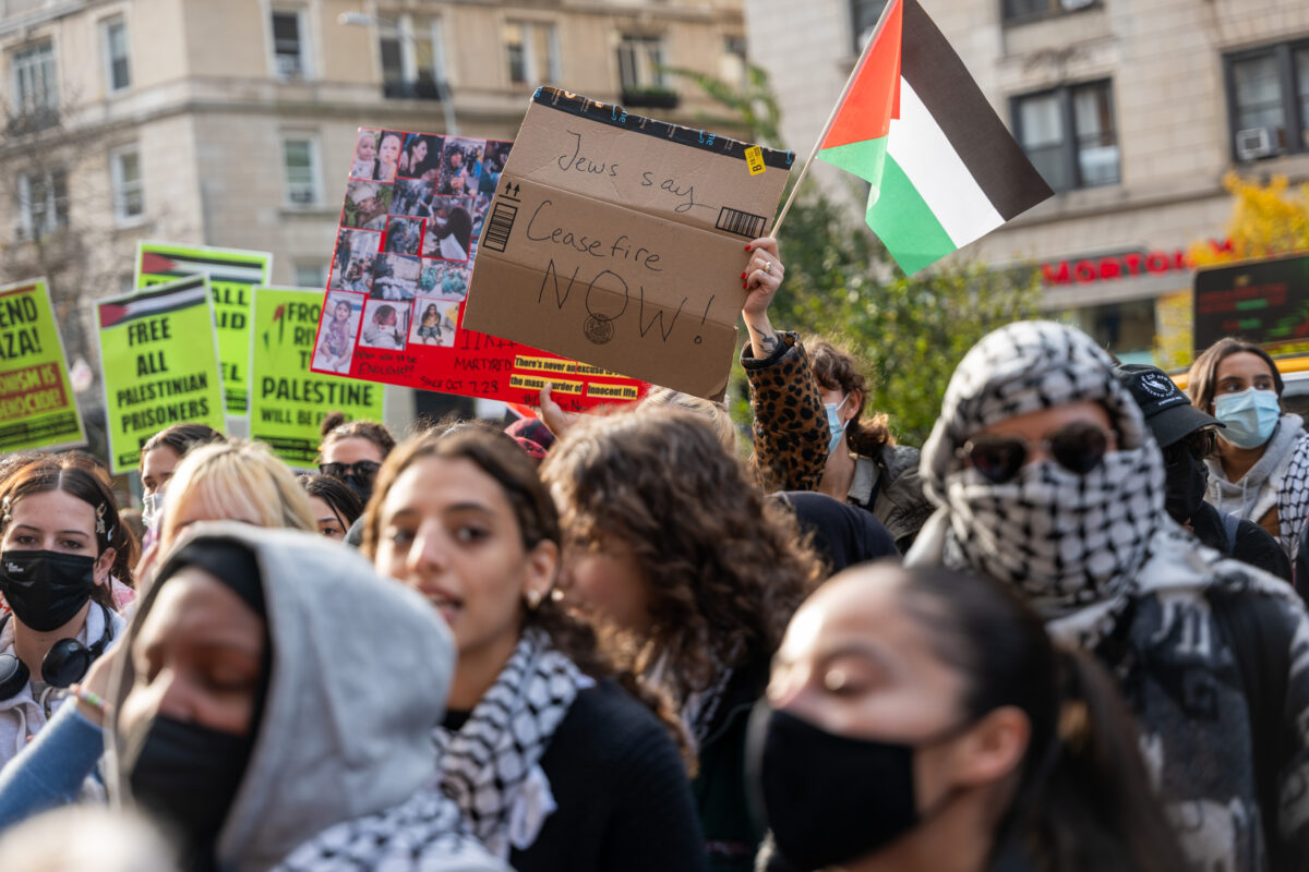 Students participate in a protest in support of Palestine and for free speech outside of the Columbia University campus on Nov. 15.