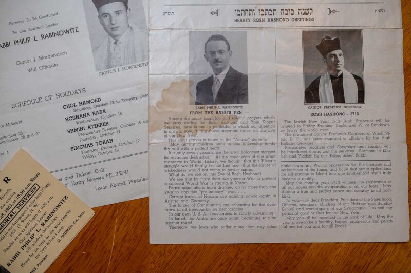 A collection of synagogue pamphlets from the 1950s, early in Rabinowitz’s tenure at Kesher Israel, shows him grappling with Communism in Europe and “reactionism” at home in the U.S.