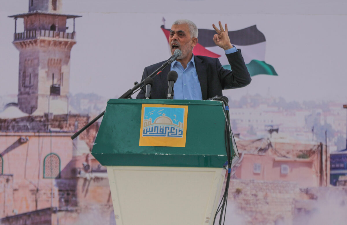 Yahya Sinwar, chief of the Palestinian Islamist Hamas movement in Gaza, delivers a speech during a rally marking 