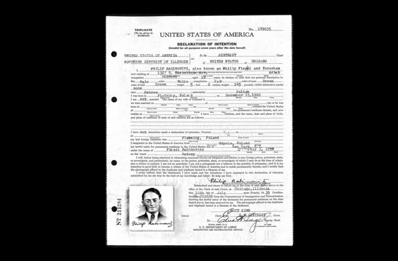 A copy of Rabinowitz’s 1939 naturalization certificate shows that the Poland-born rabbi changed his name from Fiszel Rabinowicz when he arrived in the United States as a teenager.